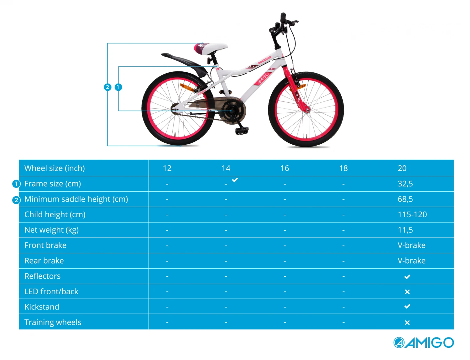 AMIGO Rockstar 20 Inch 32 Cm Girls Rim Brakes White - Image 9